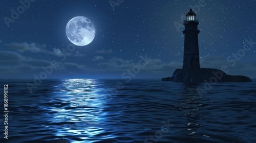 Night Scene Full Moon Lighthouse Over Calm Ocean with Starry Sky