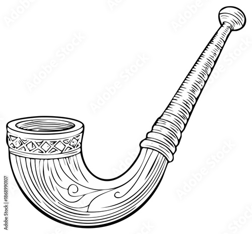 Detailed hand drawn illustration of an ornate vintage ceremonial smoking pipe in a black and white line art style