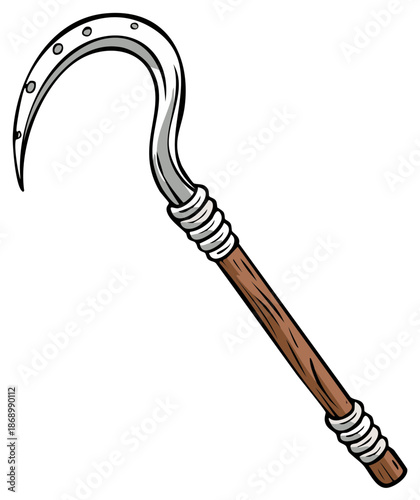 Cartoon farm tool depicting a traditional curved silver blade sickle with a wooden handle and wrapped grip