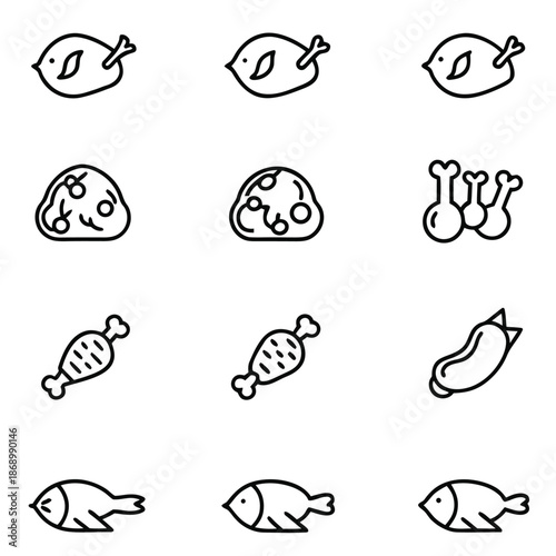 Simple black line art icons representing various cooked and raw food items like poultry fish and meat products