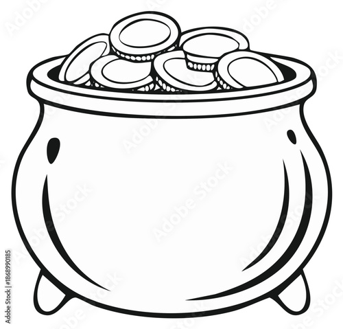 Classic pot overflowing with round coins simple outline drawing for luck and prosperity concepts