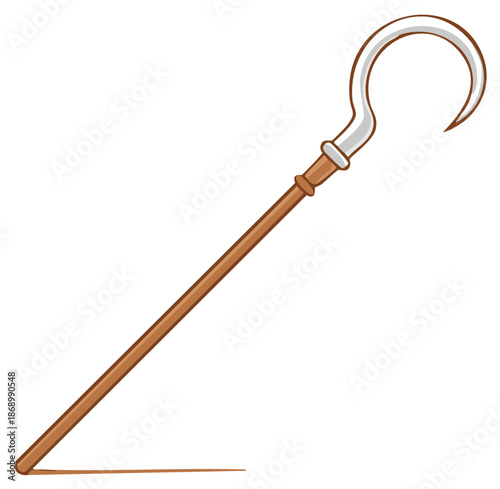 Cartoon stylized shepherd's crook or scythe shaped staff isolated on white