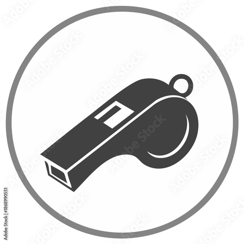 Dark gray whistle illustration inside gray circle on white background, sport or referee symbol