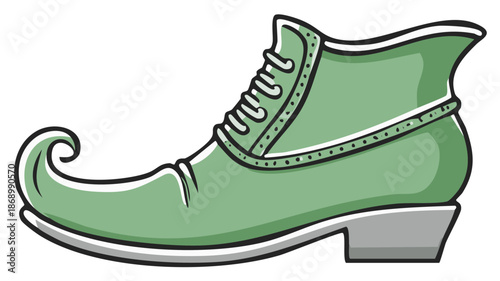 Whimsical Green Elf Boot with Long Curled Toe Cartoon Illustration
