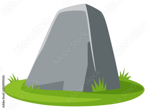Illustration of a stylized gray tent or shelter on a green field with grass