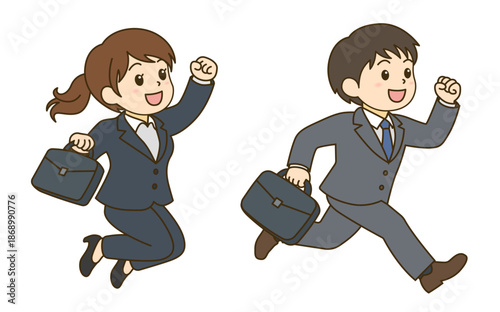 元気な新社会人の男女ベクターイラスト（走る・ジャンプ・ガッツポーズ）