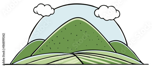 Illustrative mountain landscape with rolling hills and cloudy sky offering a serene natural vista, showcasing green fields and environmental harmony