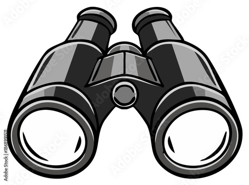 Close up of a pair of black binoculars with a metallic sheen and clean lines