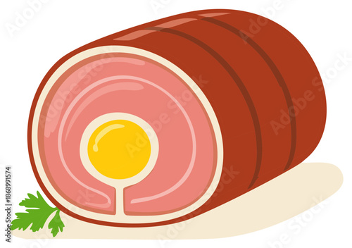 Savory meat roll filled with a whole egg and fresh green parsley. Food illustration design.
