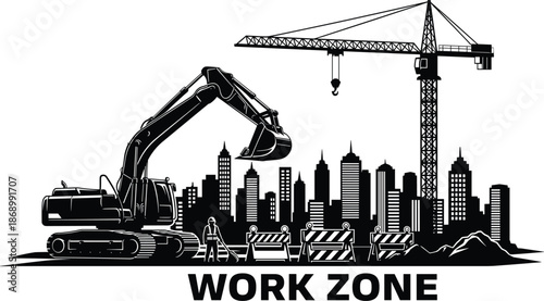 Construction work zone silhouette with heavy excavator tower crane and city skyline for building industry projects urban development and engineering