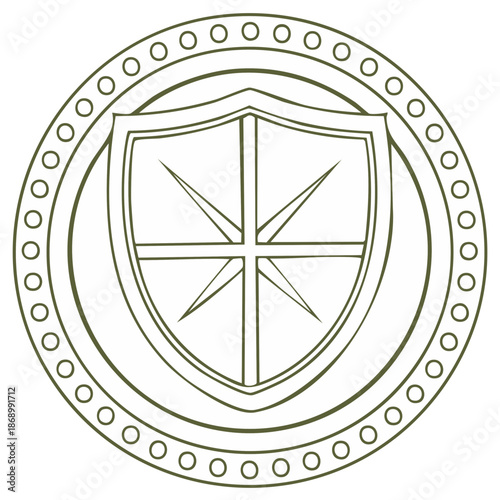 Ornate shield and cross symbol inside a circular medallion with dot pattern