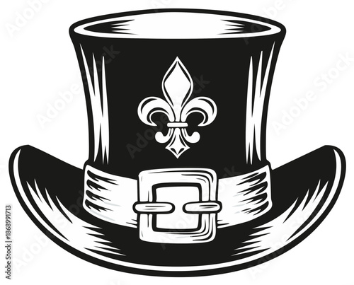 Vintage Mardi Gras Top Hat with Fleur de Lis Symbol and Buckle Black and White Illustration