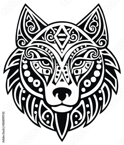 Ornate Wolf Head Design Intricate Black and White Tribal Patterned Artwork