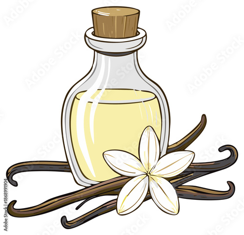 Glass bottle of vanilla extract or essential oil with vanilla beans and flower