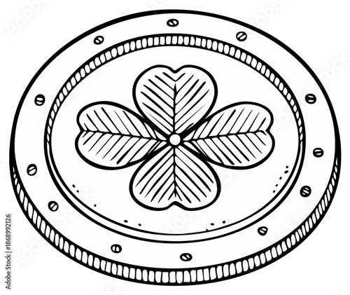 Hand drawn illustration of a lucky four leaf clover coin for St Patricks Day