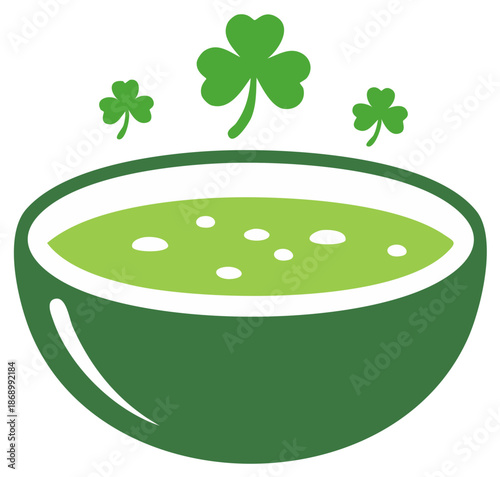 Festive bowl of hot green soup with shamrock steam for Saint Patricks Day celebration icon