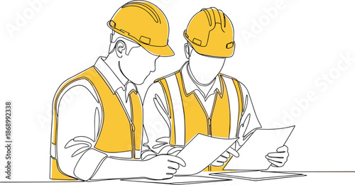 Continuous line art illustration of professional construction engineers wearing yellow hard hats and safety vests reviewing project blueprints, isolated design.