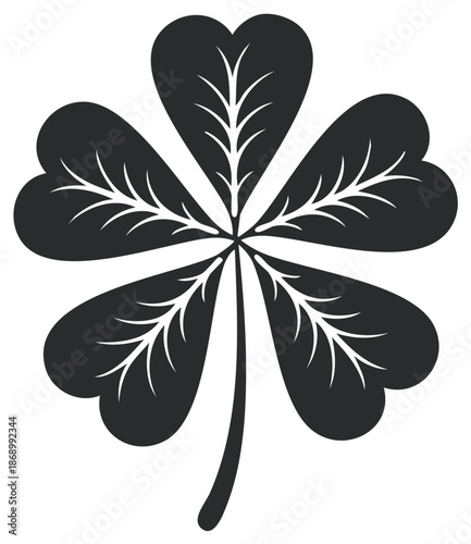 Stylized five leaf clover, black and white graphic design, symbol of luck and good fortune.