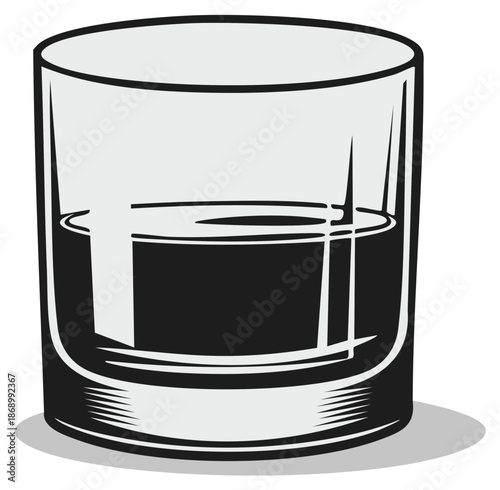 Single lowball cocktail glass filled with a dark liquor viewed in a vintage cartoon vector style, liquor, illustration, single