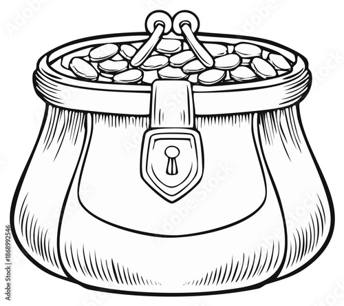 Hand drawn vintage money bag filled with golden coins a retro black and white line art illustration