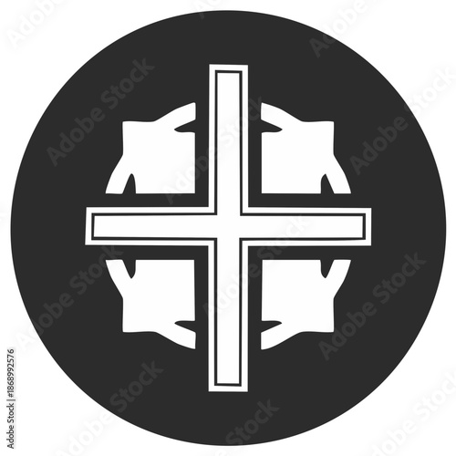 White outlined cross with four stylized abstract shapes creating a spiritual emblem within a dark circle design