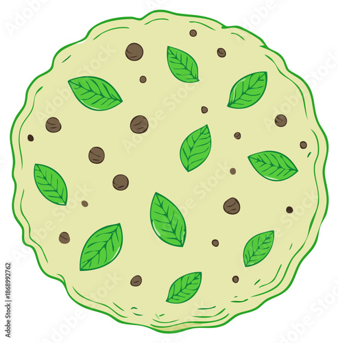 Flatbread with basil leaves and peppercorns fresh baked food illustration vector