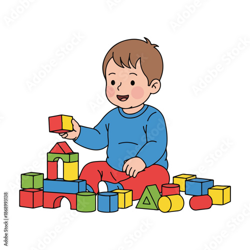 A little toddler boy enjoys a fun preschool education activity while playing and building with colorful toy construction blocks during childhood leisure