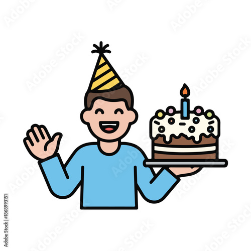 A funny cartoon illustration of a happy fat boy character eating a delicious birthday cake dessert vector art drawing featuring a cheerful kid and people