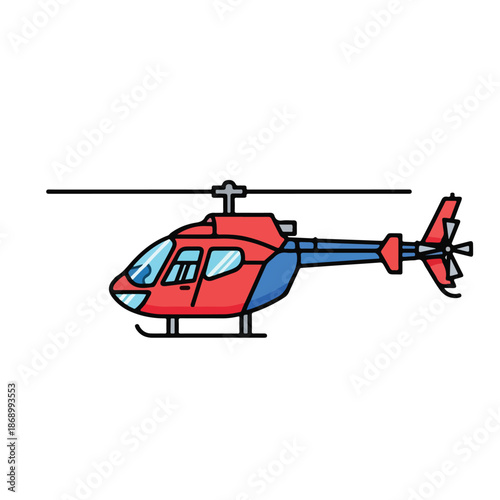 A military helicopter vector illustration shows a red chopper aircraft with a spinning rotor propeller flying through the white sky for air transport and rescue aviation