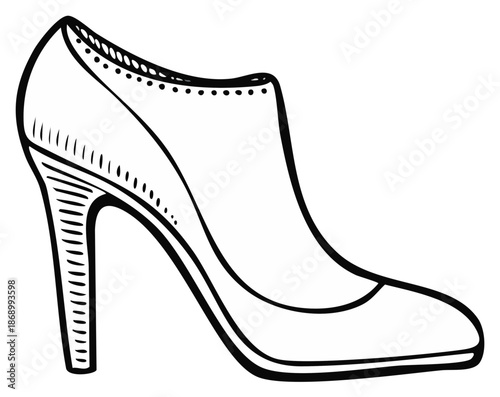 Elegant women's high heel bootie sketch. Black and white line art fashion illustration.