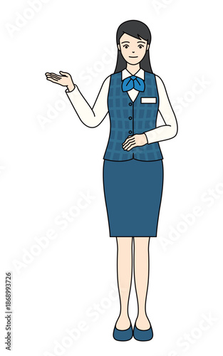 Office worker in blue plaid vest and skirt making a presentation