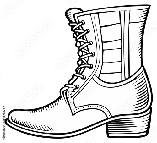 Illustration of a stylish combat boot in black and white.