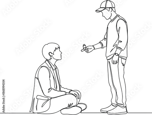 Continuous line drawing of a man standing and giving a donation to a homeless person sitting on the ground, charity.
