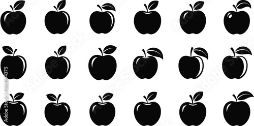 Black apple fruit silhouette icons set, healthy food symbols with leaves, organic orchard product collection isolated on white background, fresh harvest 