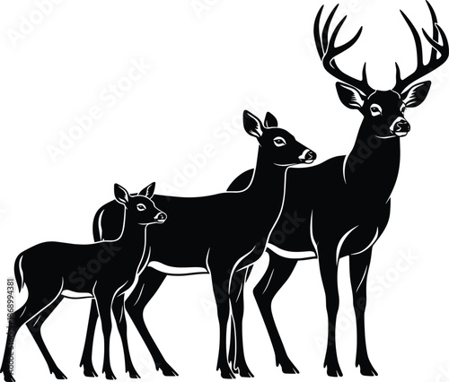 Black and white vector illustration of a deer family silhouettes including a buck with antlers, a doe, and a fawn on white background,