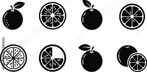 Black orange fruit silhouette icons set, citrus slices and whole oranges with leaves, vitamin c food symbols isolated on white background vector.Black orange fruit silhouette icons set, 