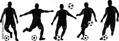 Black soccer player silhouette collection, football athlete vector set, men playing with ball, sports icons isolated on white background, professional competition graphics
