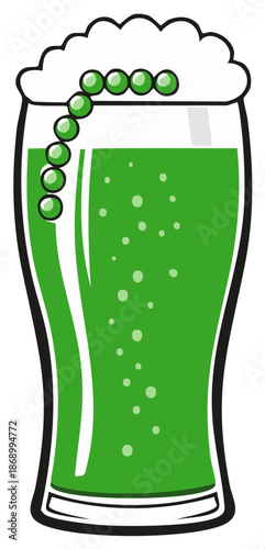 Green Frothy Drink with Bubbles and Garnish in a Tall Glass