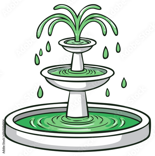 Cartoon two tier water fountain with green water spraying and dripping illustration