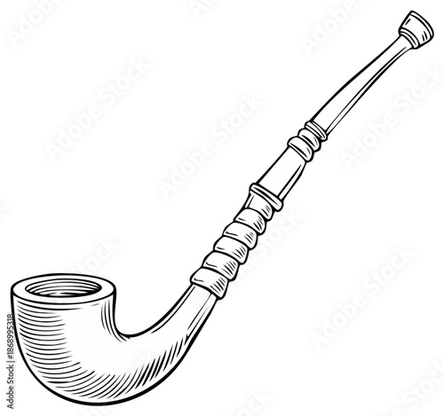 Traditional smoking pipe hand drawn illustration in vintage black and white line art style