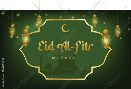 Realistic background eid al fitr gold and green color illustration