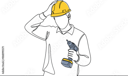 Continuous line drawing of construction worker with yellow hard hat using electric drill and earmuffs for industrial site safety concept.