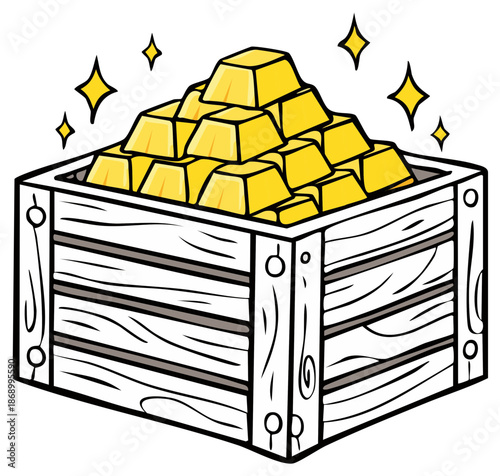 Cartoon illustration of bright gold bars stacked in an overflowing wooden crate