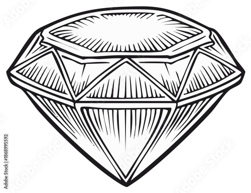 Diamond Illustration with Detailed Line Work, Black and White Gemstone Icon