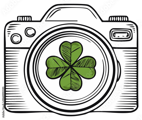 Hand drawn camera illustration with a lucky four leaf clover in the lens