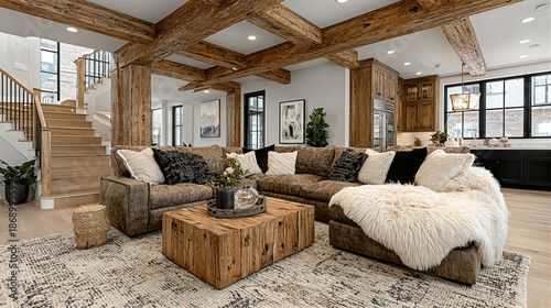 Modern rustic living room with wooden beams, large windows, and cozy furniture.