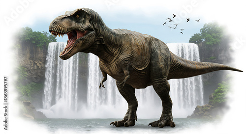 Ein gewaltiger Tyrannosaurus Rex br�llt kraftvoll vor einem imposanten Wasserfall mit fliegenden V�geln am helllichten Tag. AI Generated