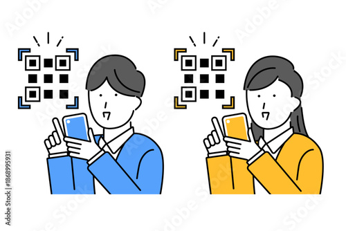 スマホでQRコードを読み込ませようとする若い男性と女性のイラスト