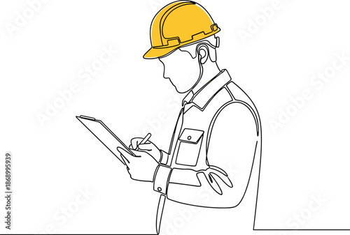 Continuous line drawing of engineer in hard hat holding clipboard, site inspection, construction safety management, architectural professional, industrial worker, minimalist vector.