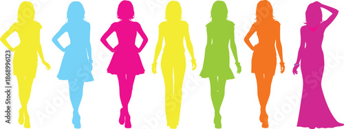 Colorful women silhouettes illustration showing fashion models walking confidence diversity style female figures modern lifestyle vector design isolated white background
